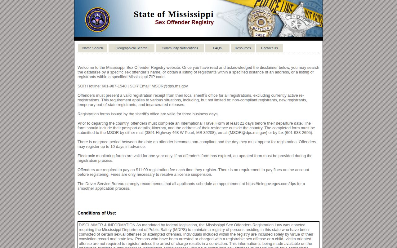 Mississippi registry search boundary for a Clay County VINELink inmate check
